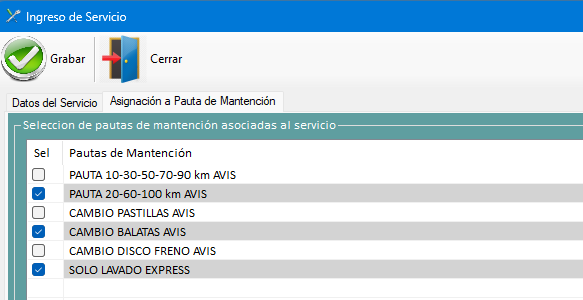 Servicio asociado a pautas de mantención