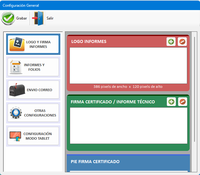 Pantalla de configuración general
