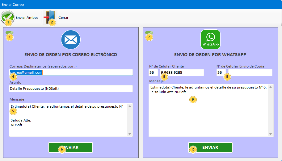 Pantalla de envío de información por correo electrónico y WhatsApp